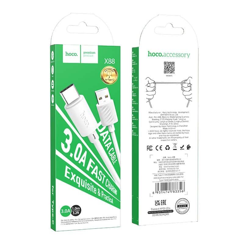 Cable HOCO USB Type C 3A X88 1 m Blanc