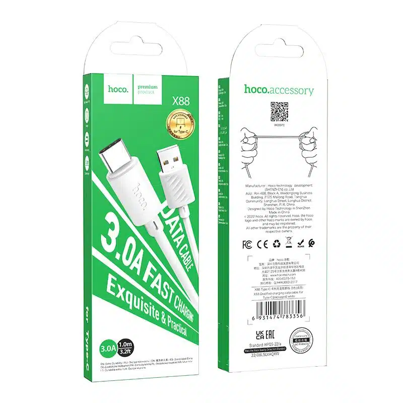 Cable HOCO USB Type C 3A X88 1 m Blanc