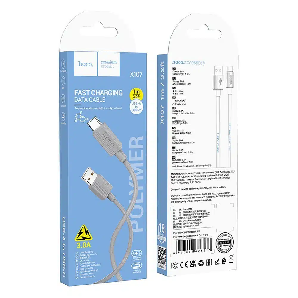 Cable HOCO USB Type C 3A X107 1 m Blanc