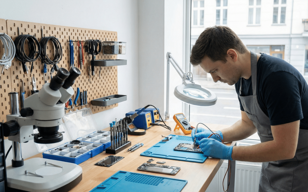 Atelier expert Donatek réalisant une réparation smartphone Strasbourg avec outils professionnels et environnement organisé