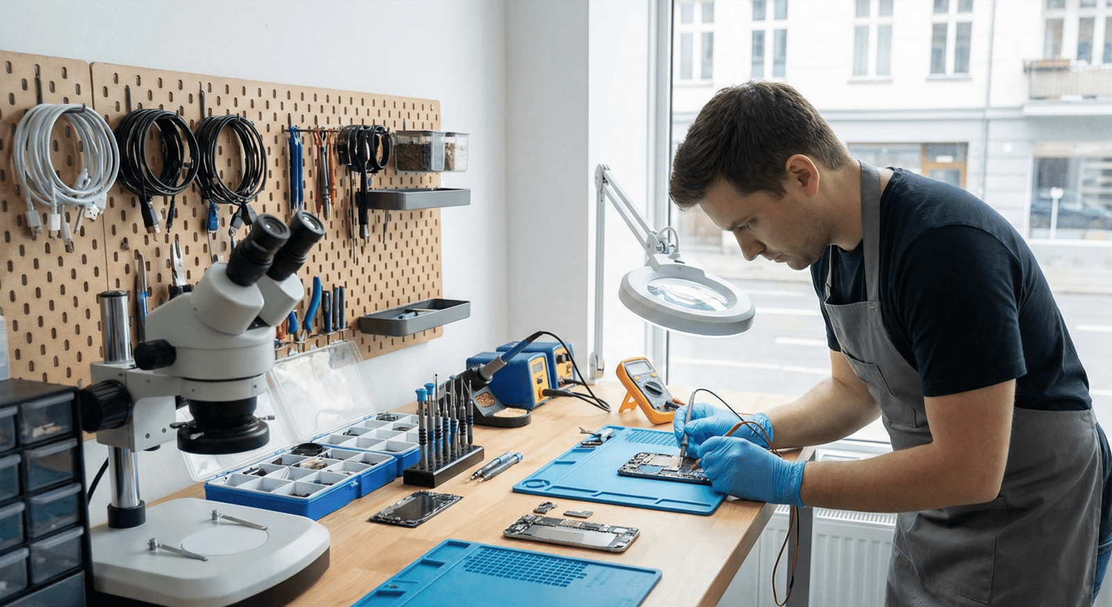 Atelier expert Donatek réalisant une réparation smartphone Strasbourg avec outils professionnels et environnement organisé