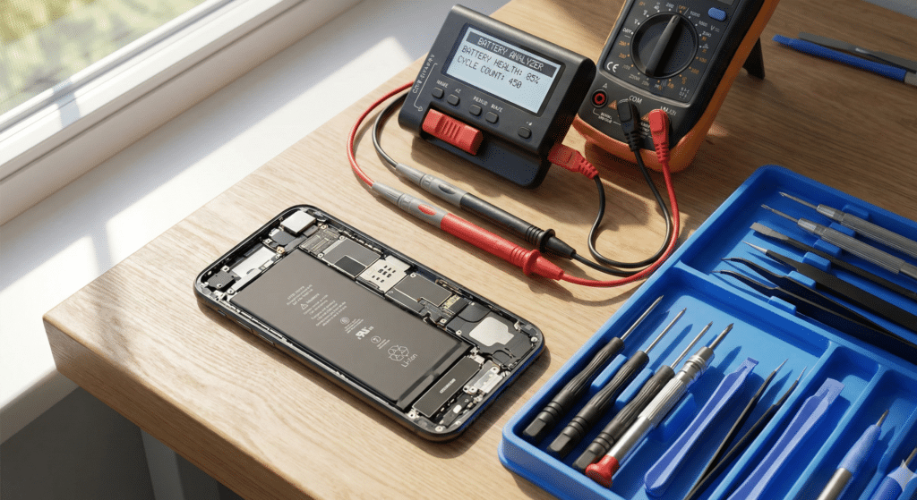 Test batterie professionnel effectué dans un atelier spécialisé en réparation smartphone Strasbourg