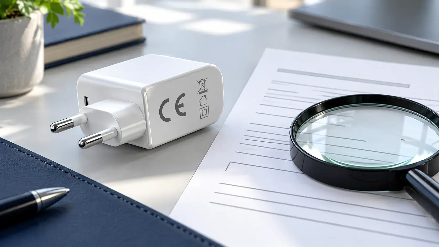 Marquage CE : chargeur fictif et document de conformité sous une loupe