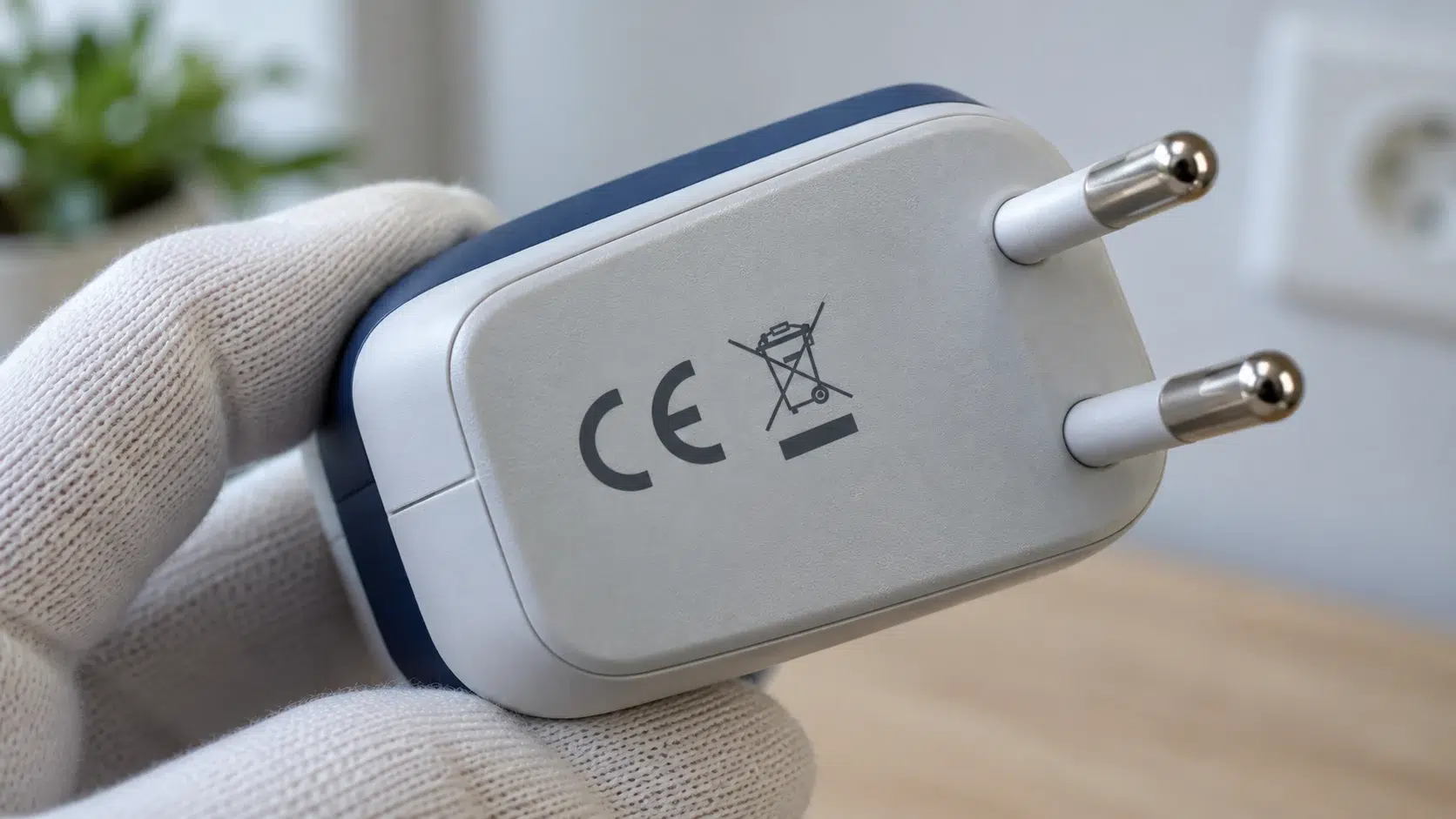 Marquage CE et symbole DEEE sur un chargeur fictif