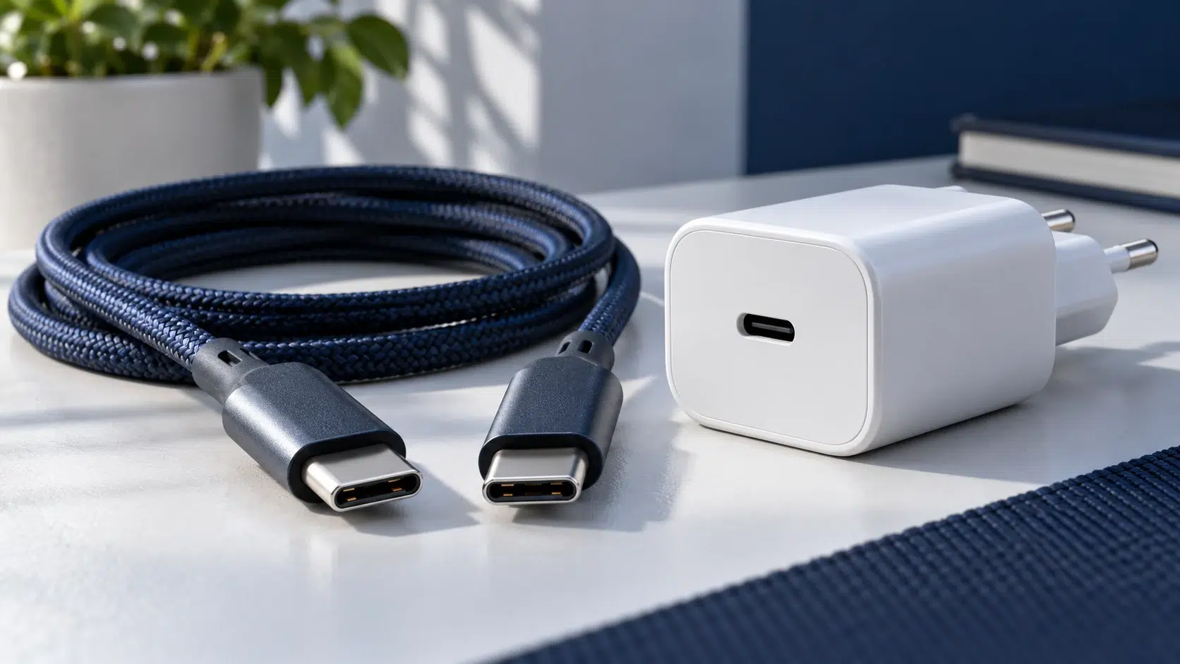 Chargeur USB-C et deux extrémités d’un câble USB-C vers USB-C