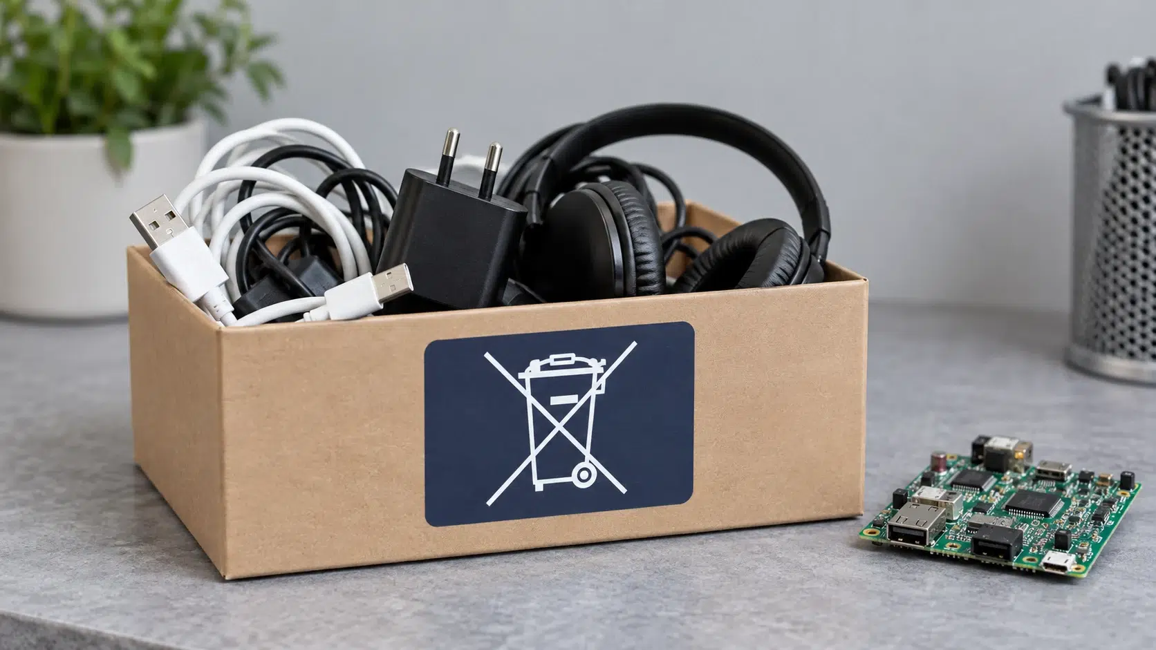 RoHS : 10 repères essentiels pour acheter vos accessoires 2 Collecte séparée DEEE : chargeurs, câbles et casque dans une boîte de collecte