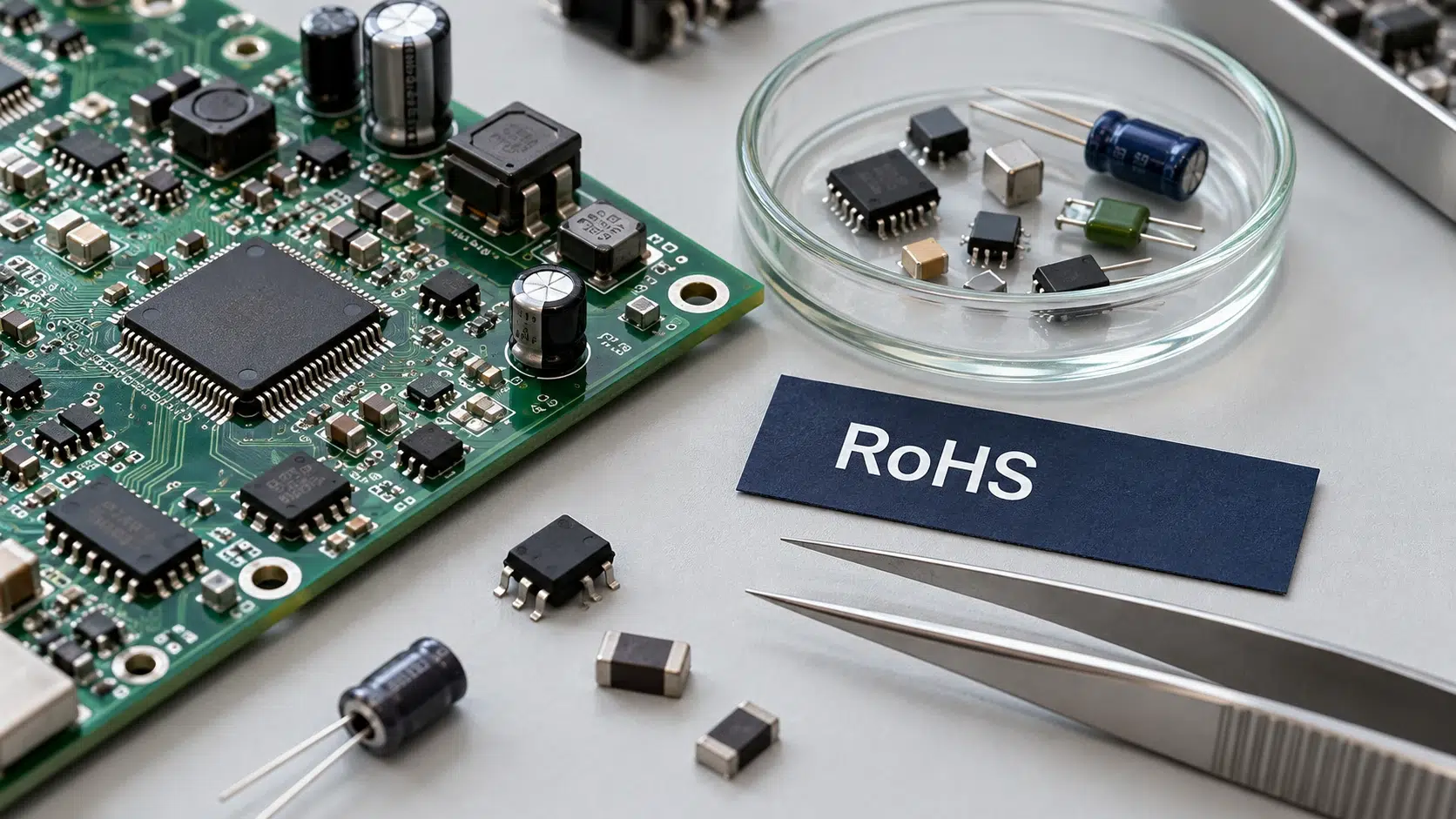 RoHS : carte électronique et composants pour illustrer les restrictions de substances